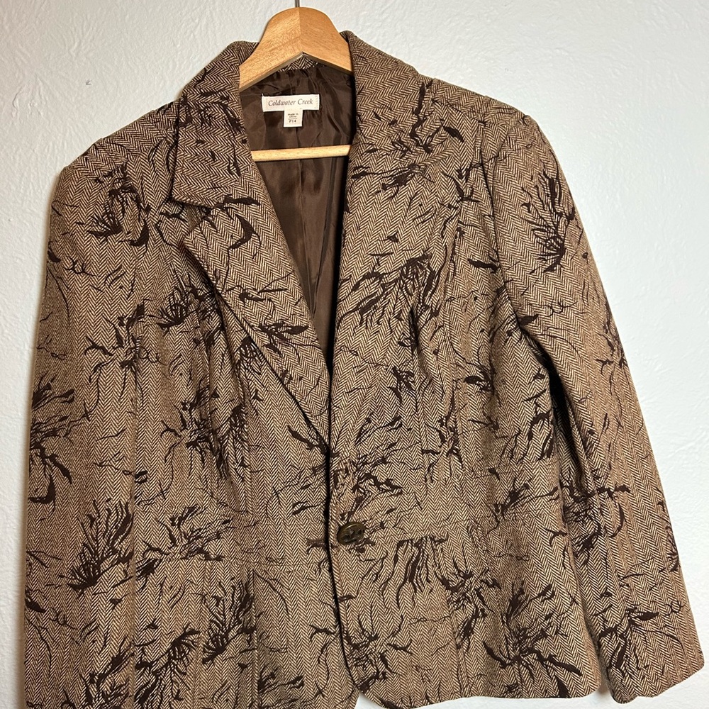 Coldwater Creek Blazer Womens Size 14 Petite Brown Herringbone